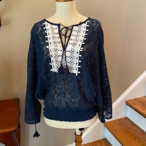 Love Riche Navy Lace Embroidered BOHO Top L - Picture 11 of 12